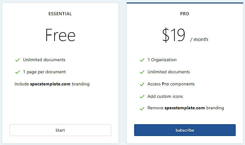 Pricing screenshot