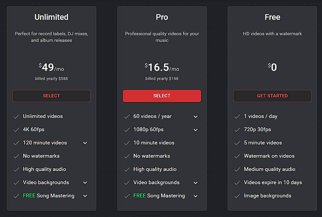 Pricing screenshot