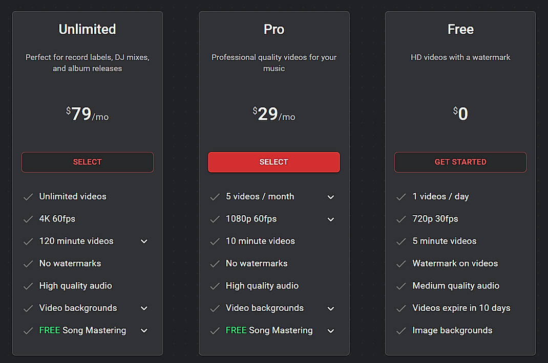 Pricing screenshot