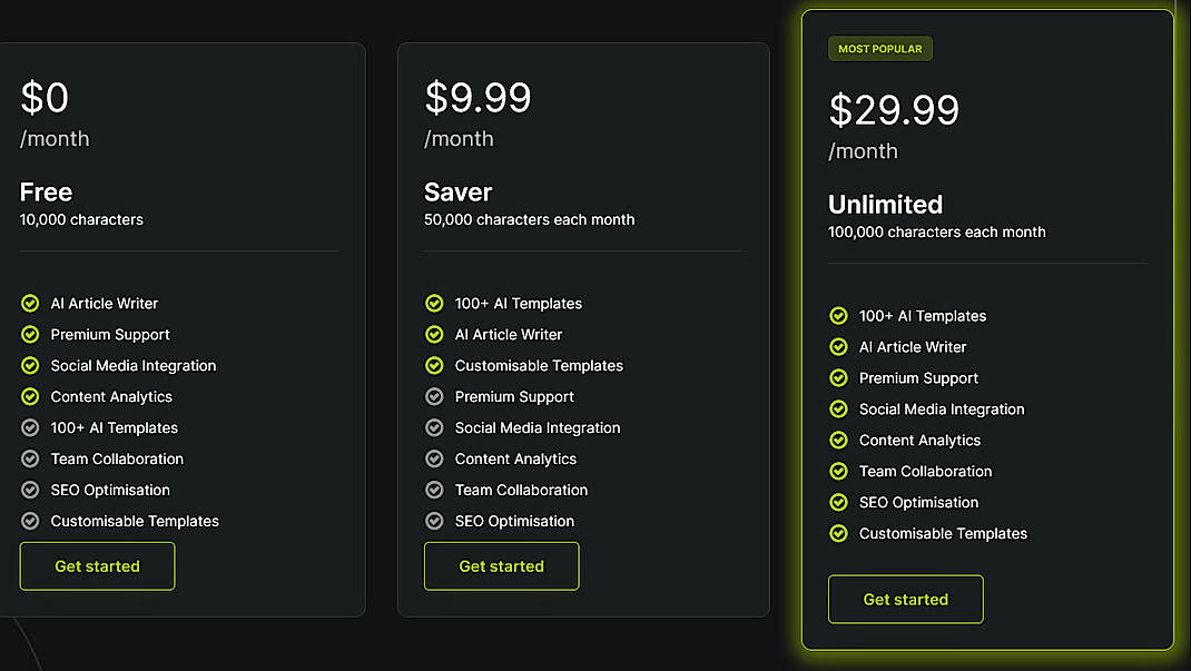 Pricing screenshot