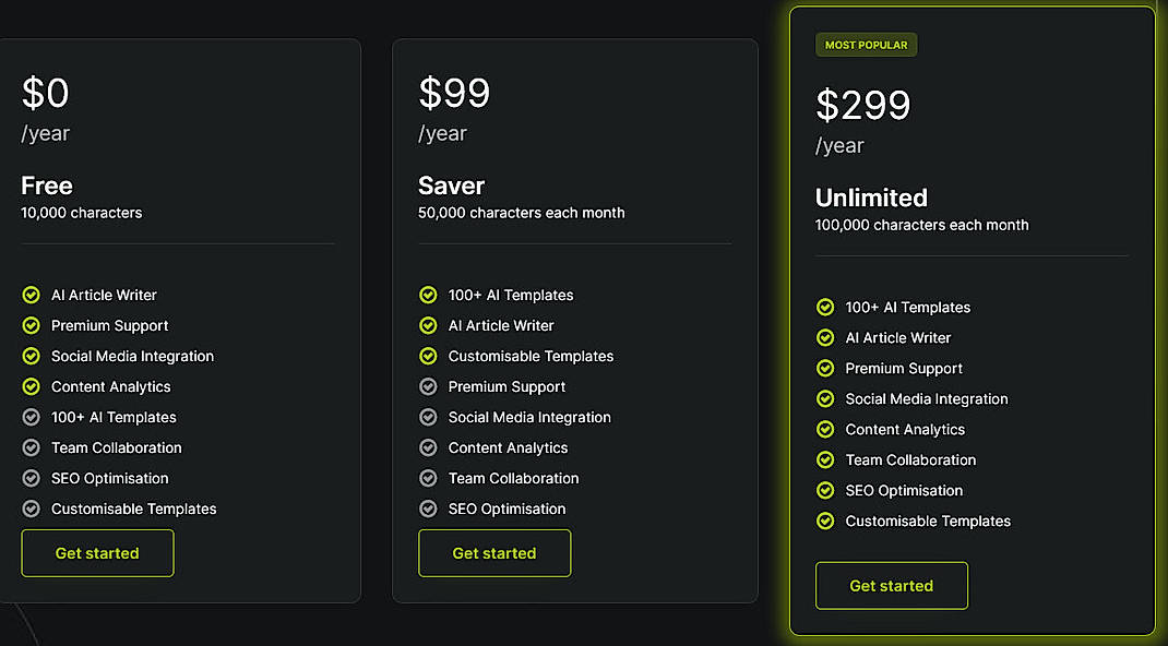 Pricing screenshot