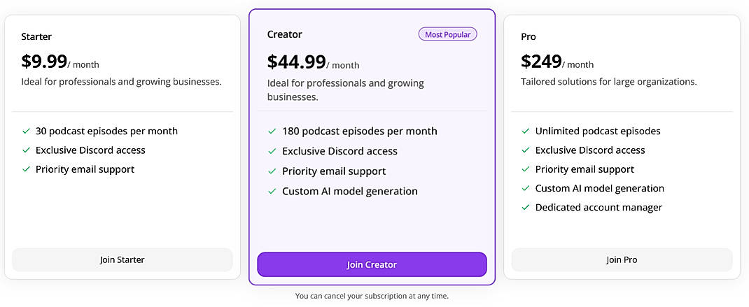 Pricing screenshot