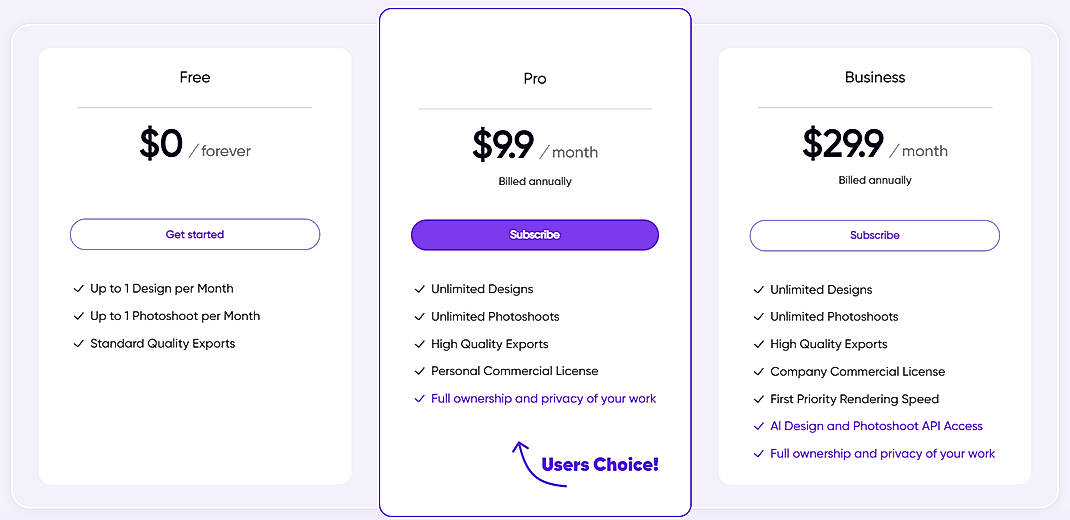 Pricing screenshot