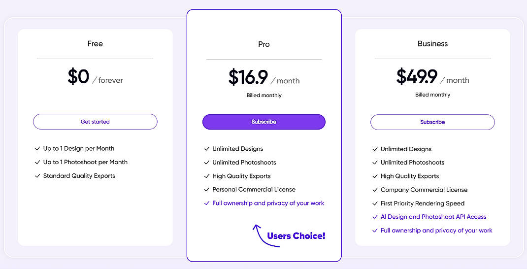 Pricing screenshot