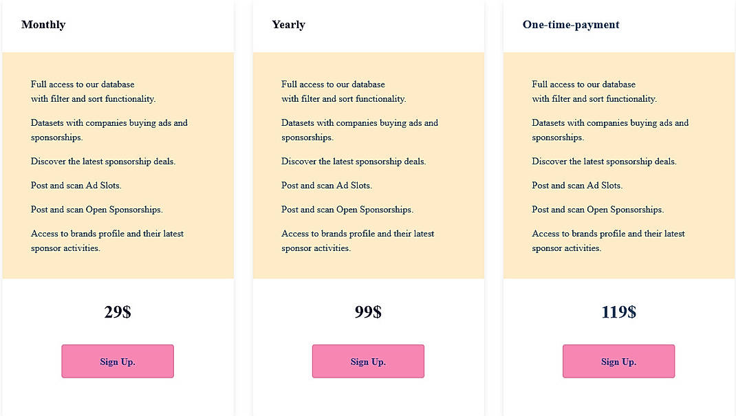 Pricing screenshot