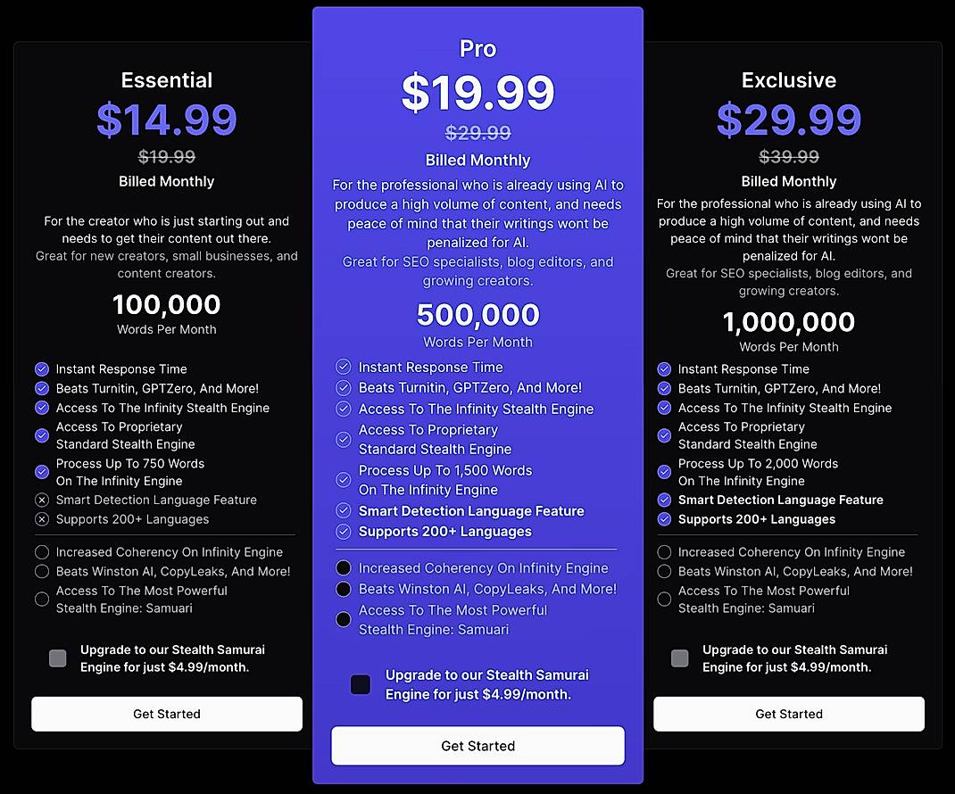 Pricing screenshot