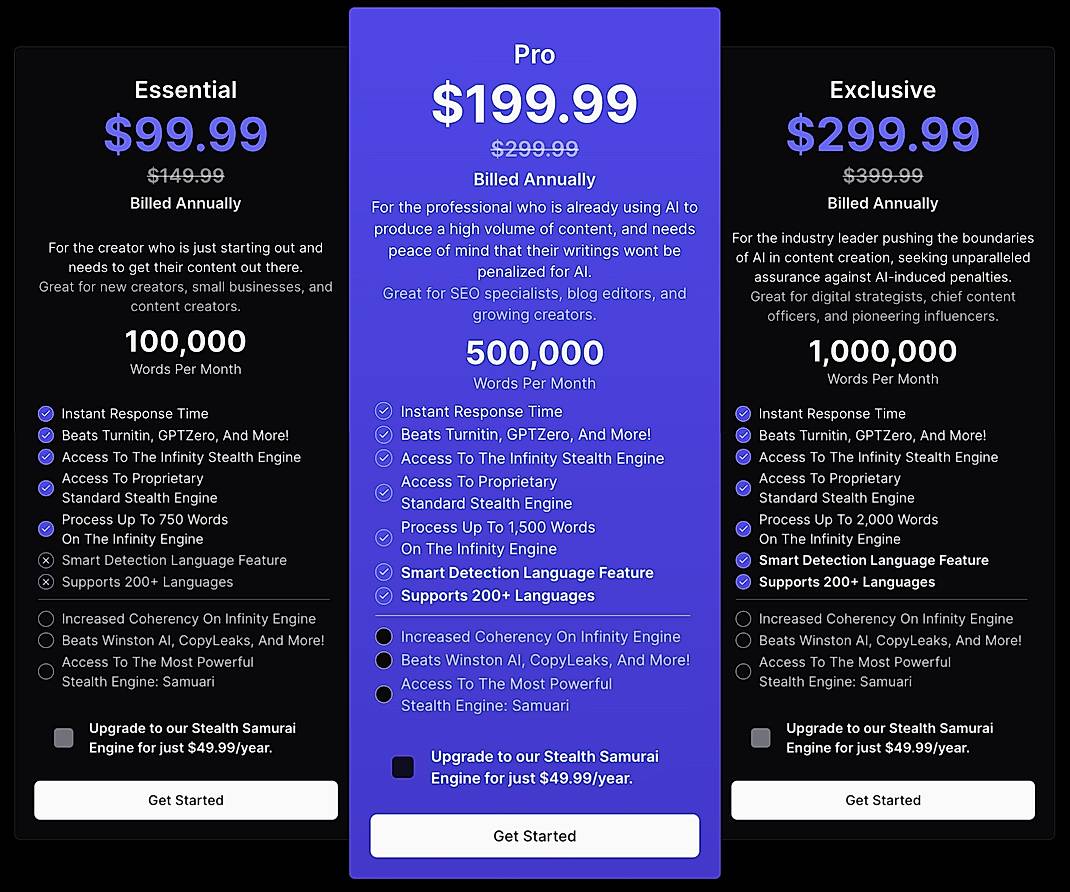 Pricing screenshot