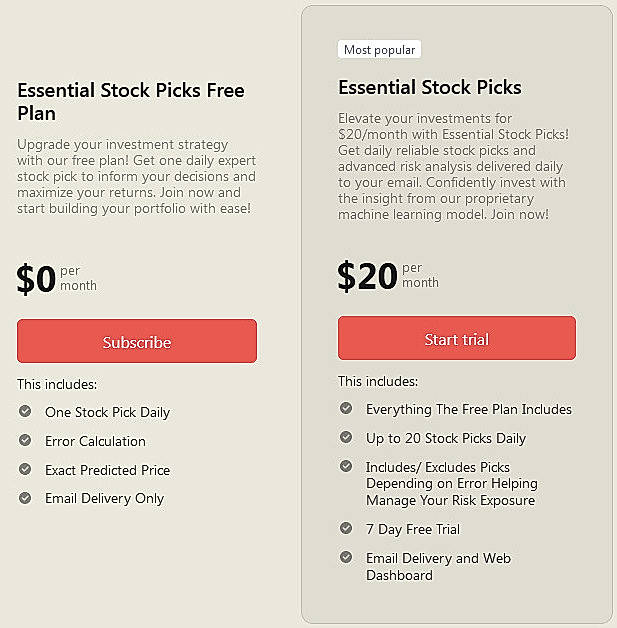 Pricing screenshot