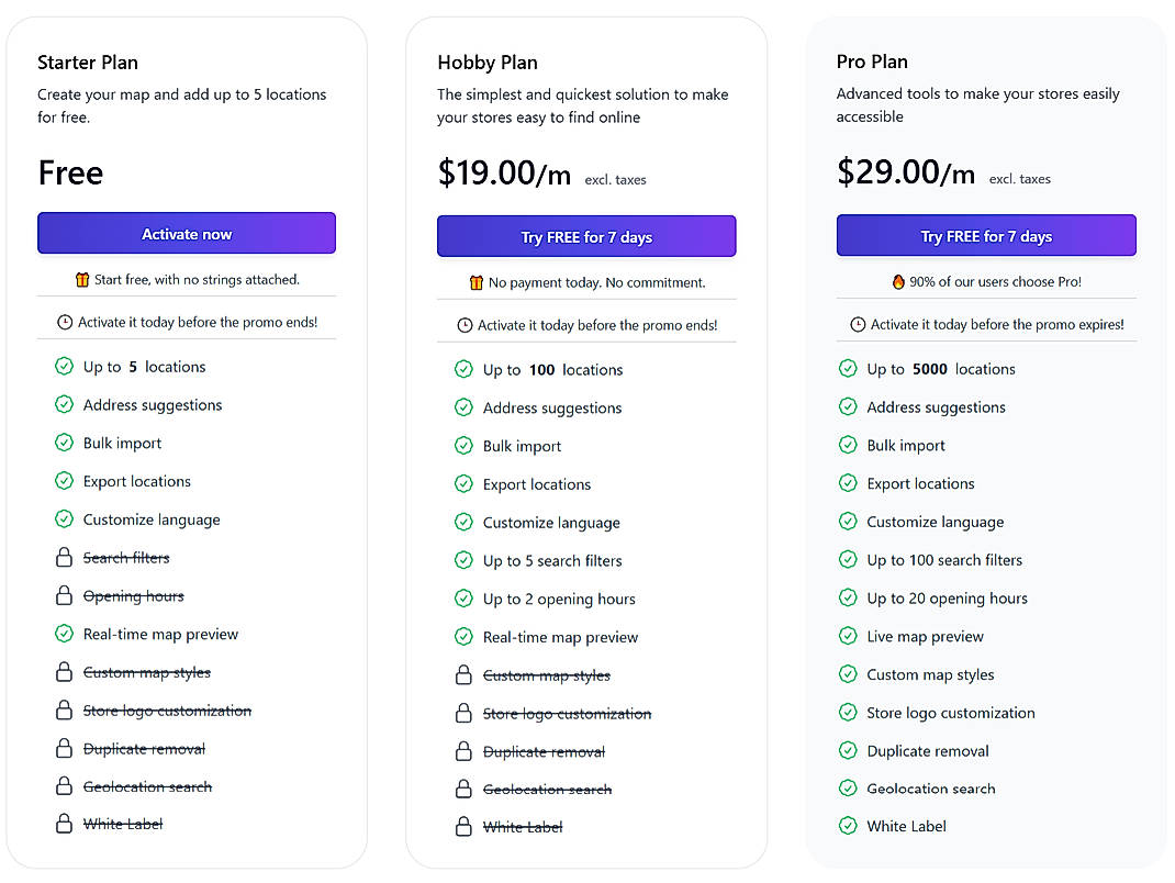 Pricing screenshot