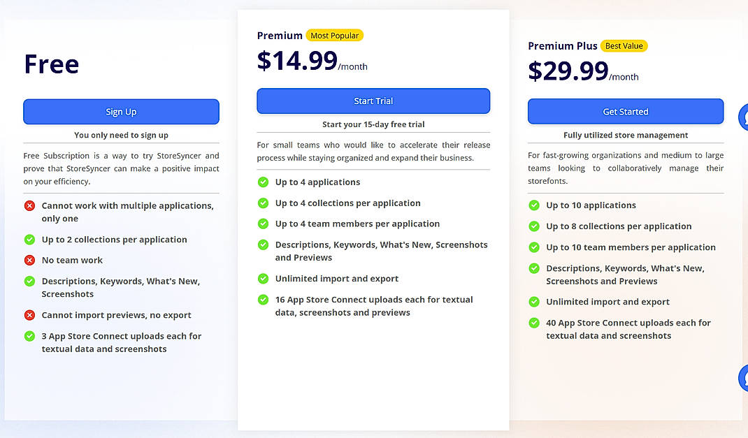 Pricing screenshot