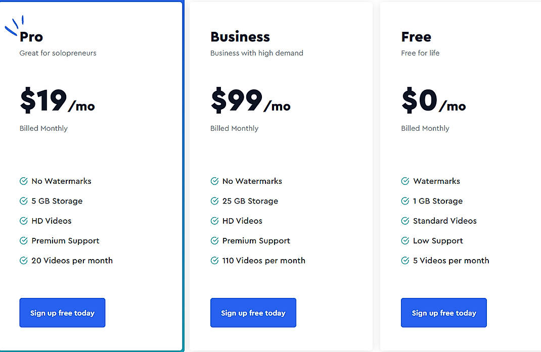 Pricing screenshot