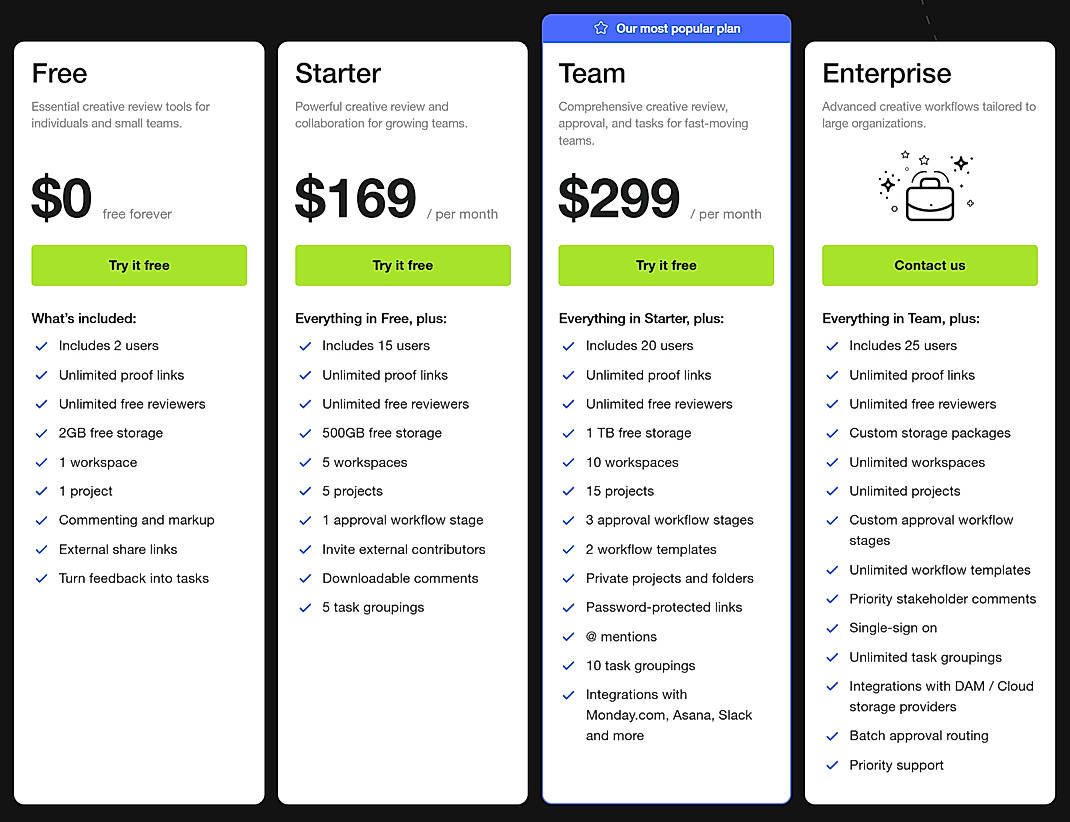 Pricing screenshot
