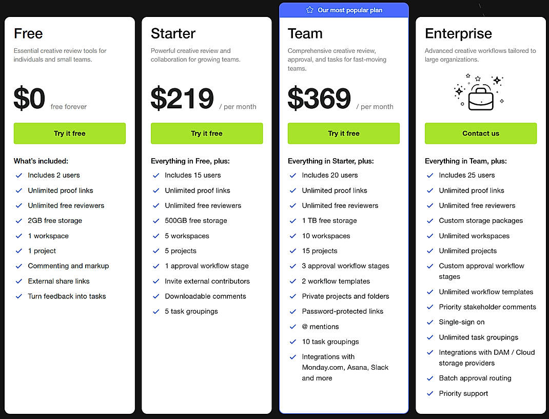 Pricing screenshot