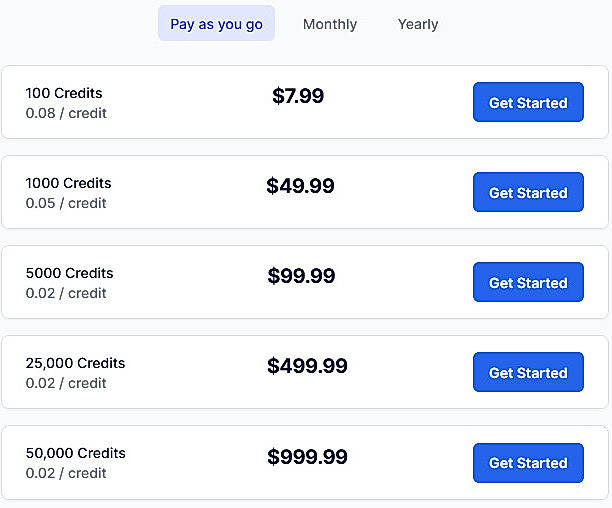 Pricing screenshot
