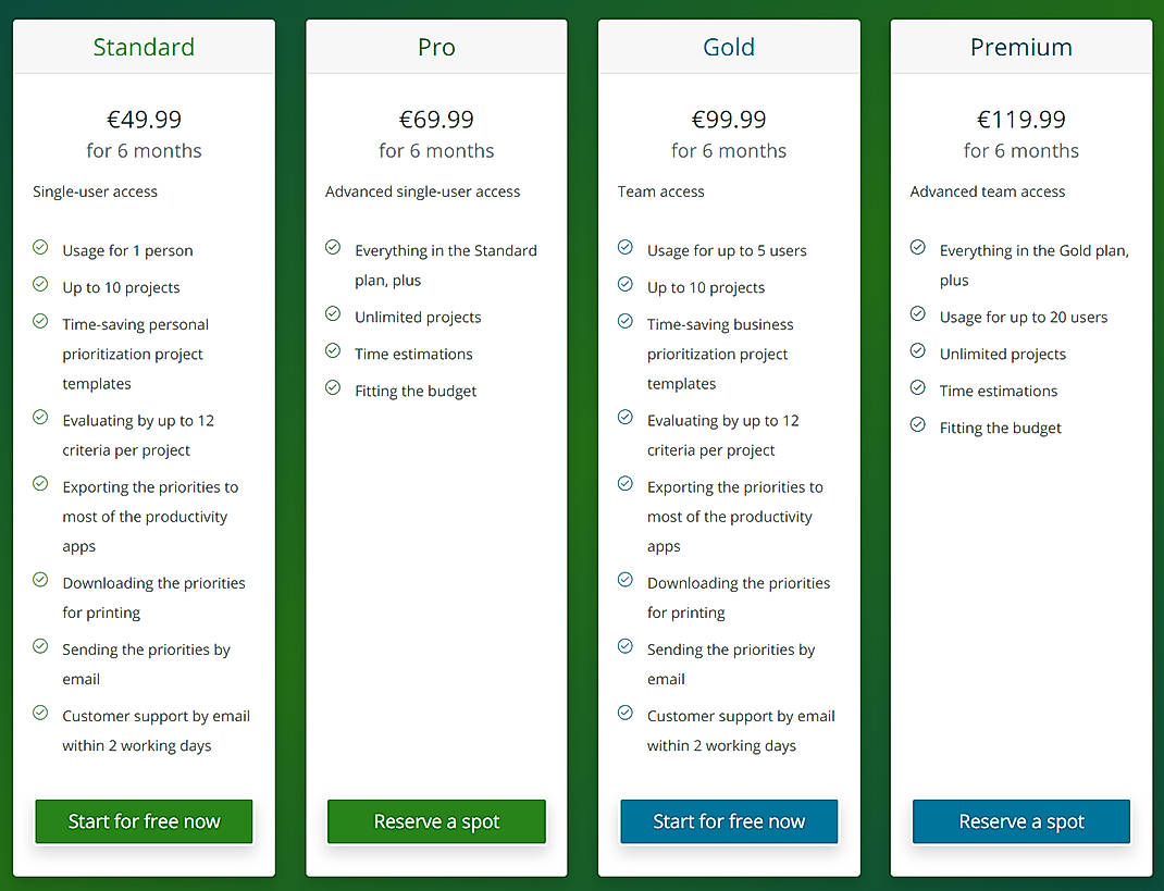 Pricing screenshot