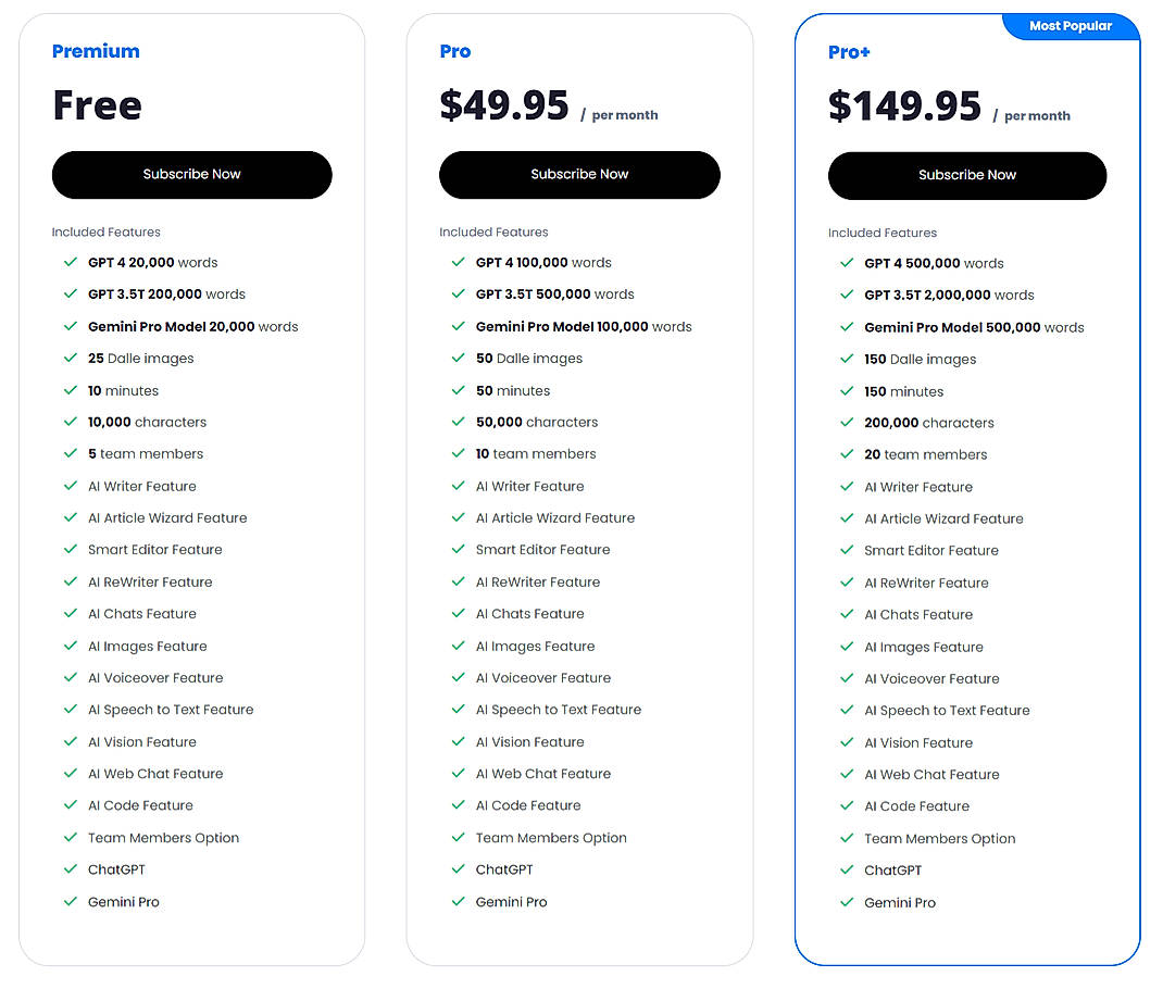 Pricing screenshot
