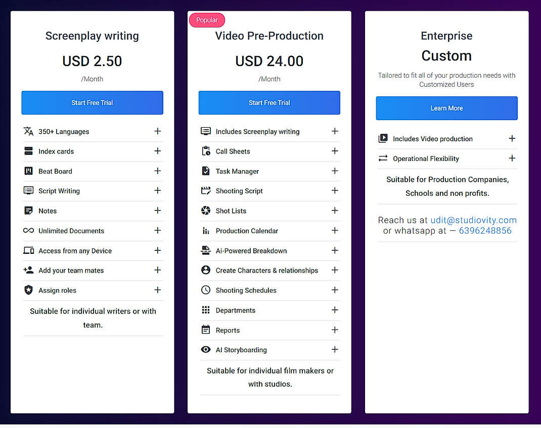 Pricing screenshot