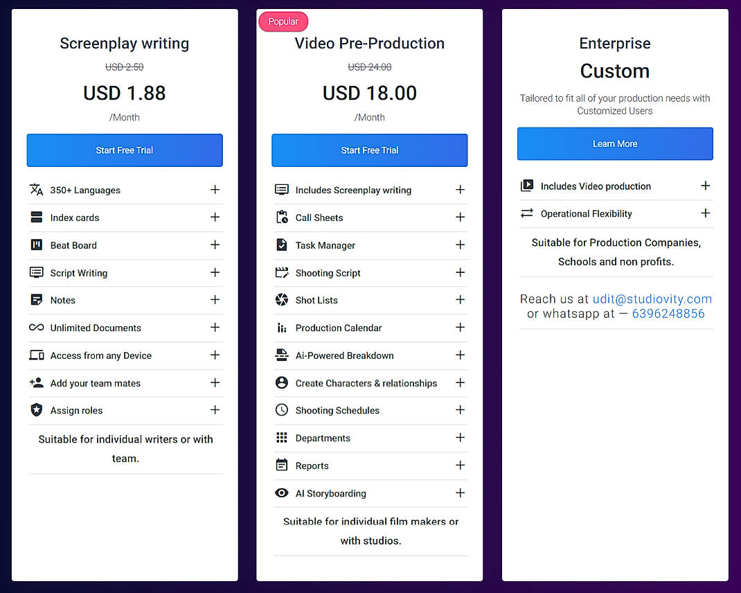 Pricing screenshot