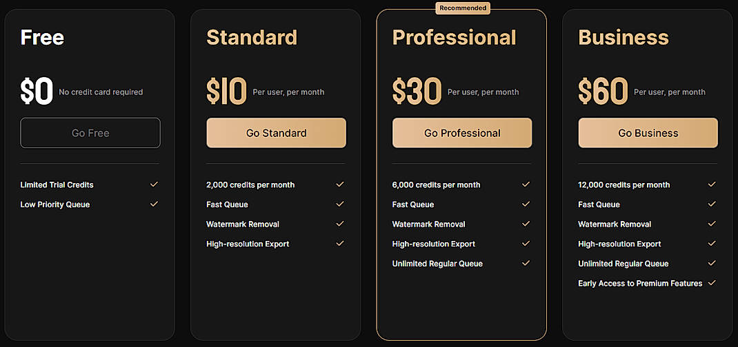 Pricing screenshot