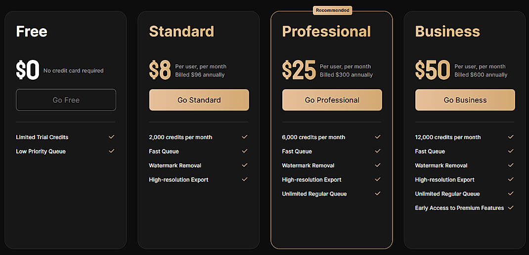 Pricing screenshot