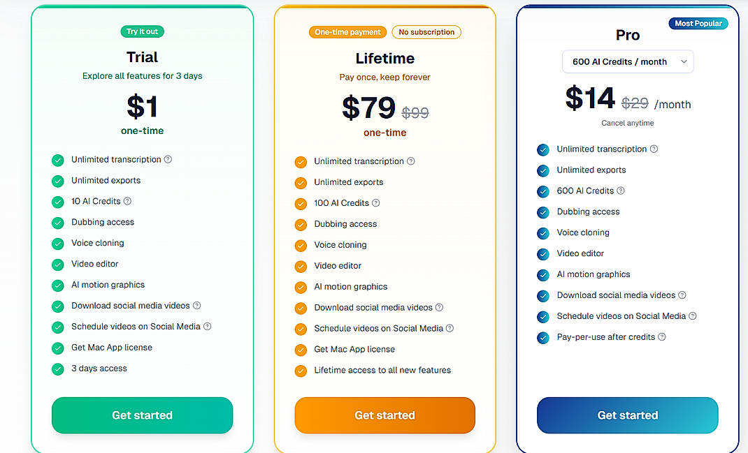 Pricing screenshot