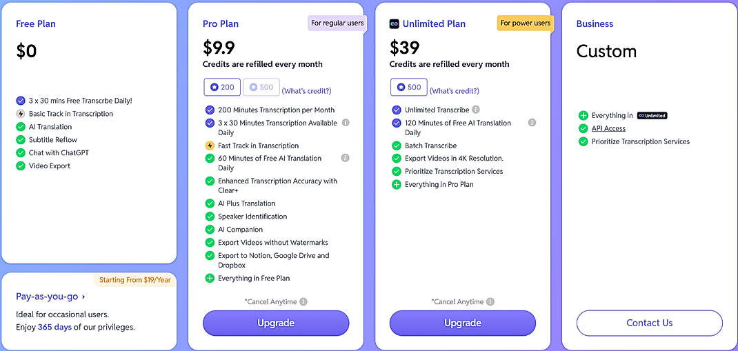 Pricing screenshot