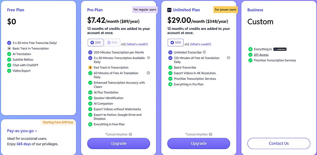 Pricing screenshot