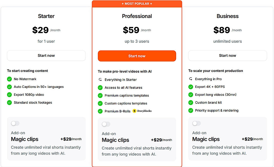 Pricing screenshot