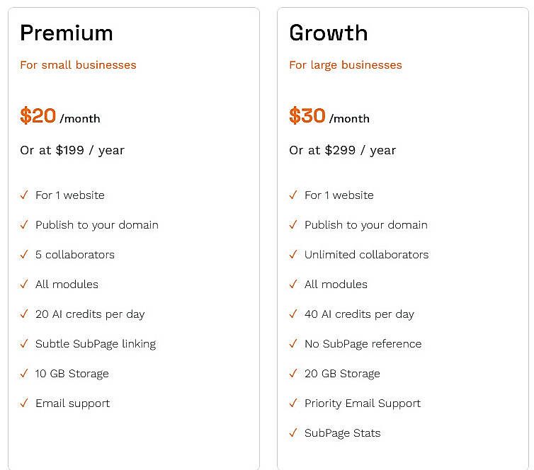 Pricing screenshot