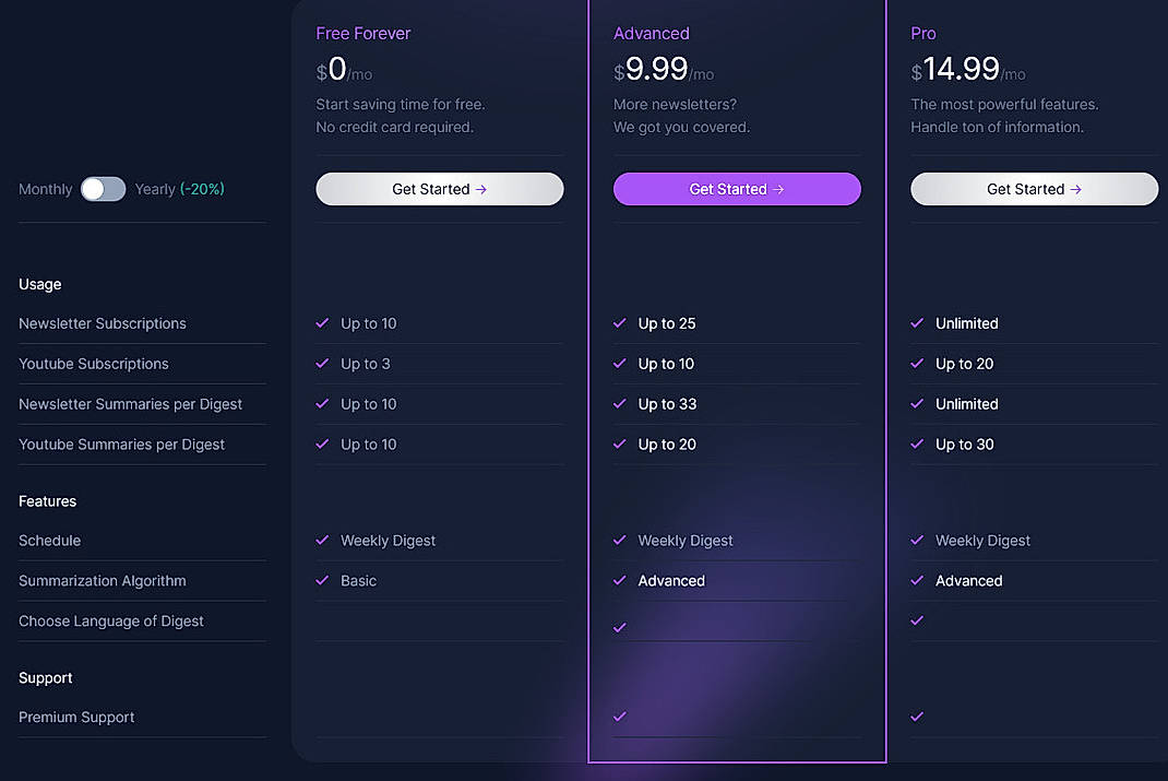 Pricing screenshot