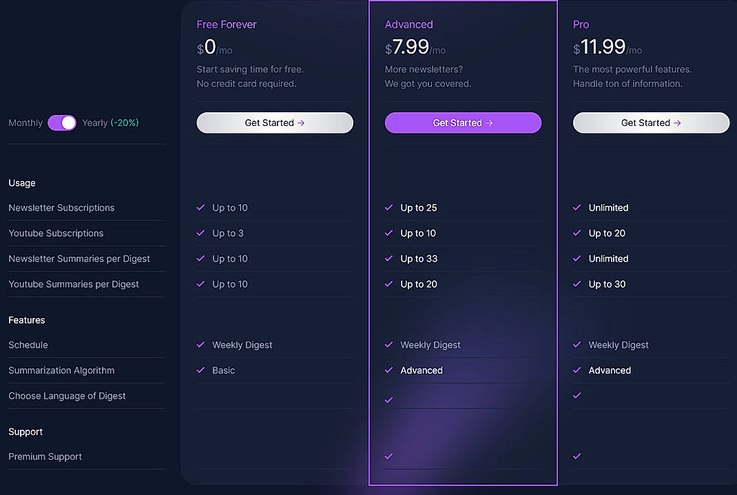 Pricing screenshot