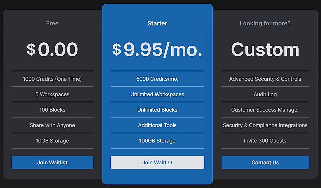 Pricing screenshot