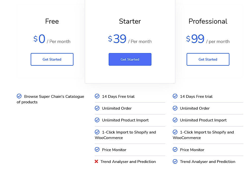Pricing screenshot