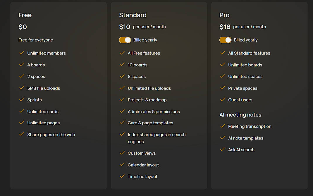 Pricing screenshot