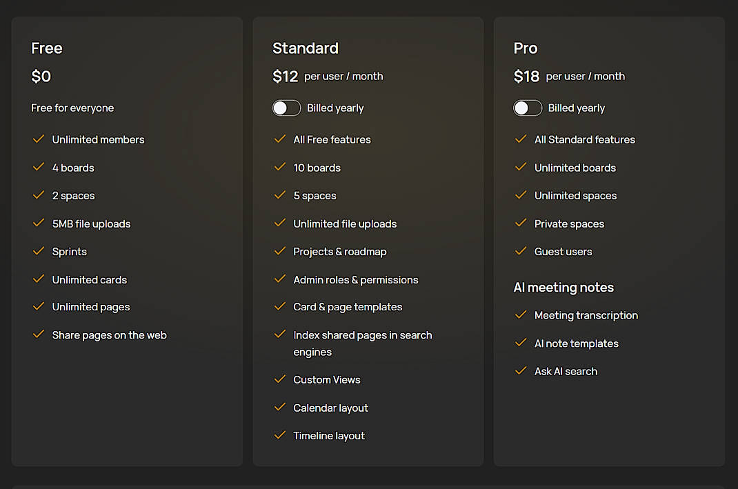 Pricing screenshot