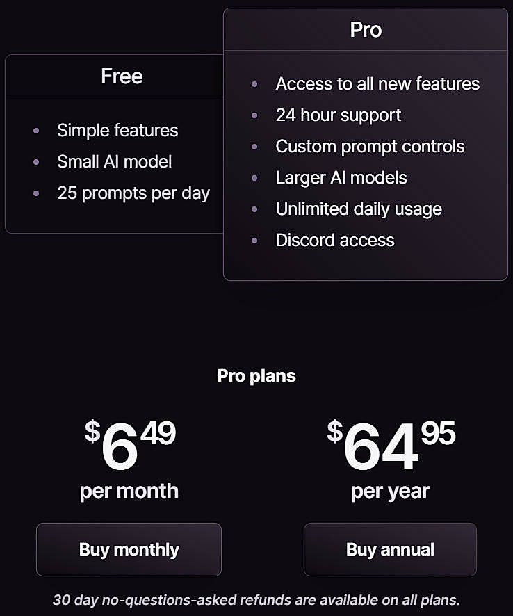 Pricing screenshot
