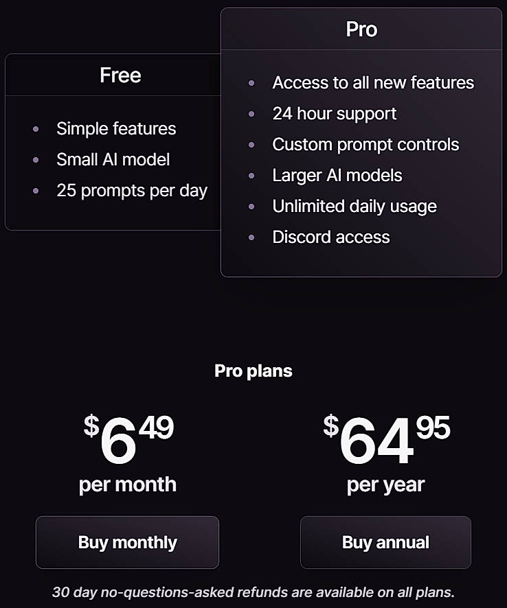 Pricing screenshot