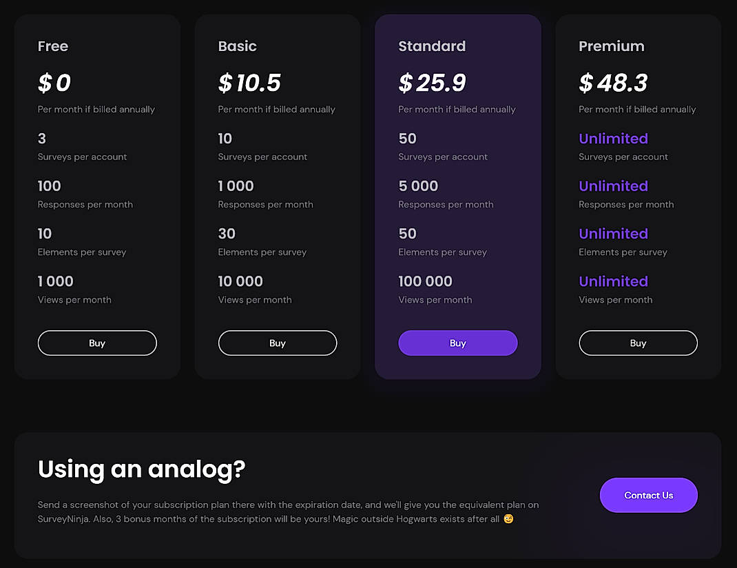 Pricing screenshot