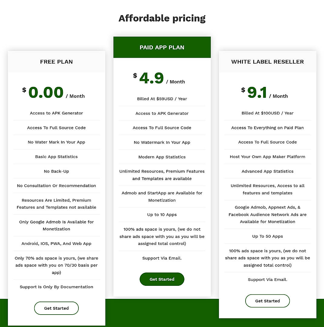 Pricing screenshot