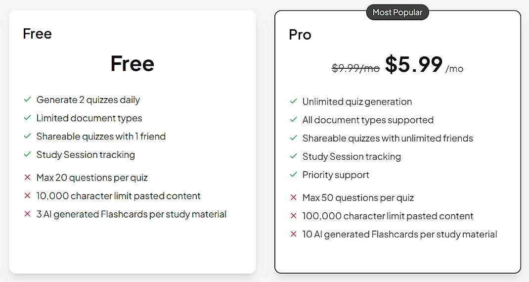 Pricing screenshot