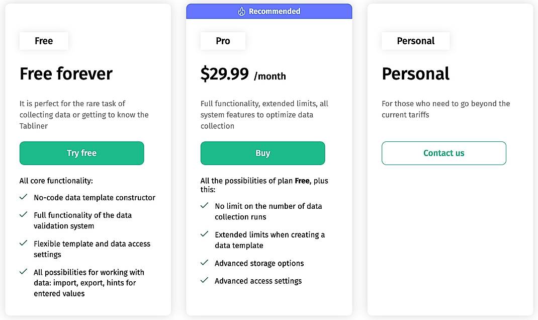Pricing screenshot