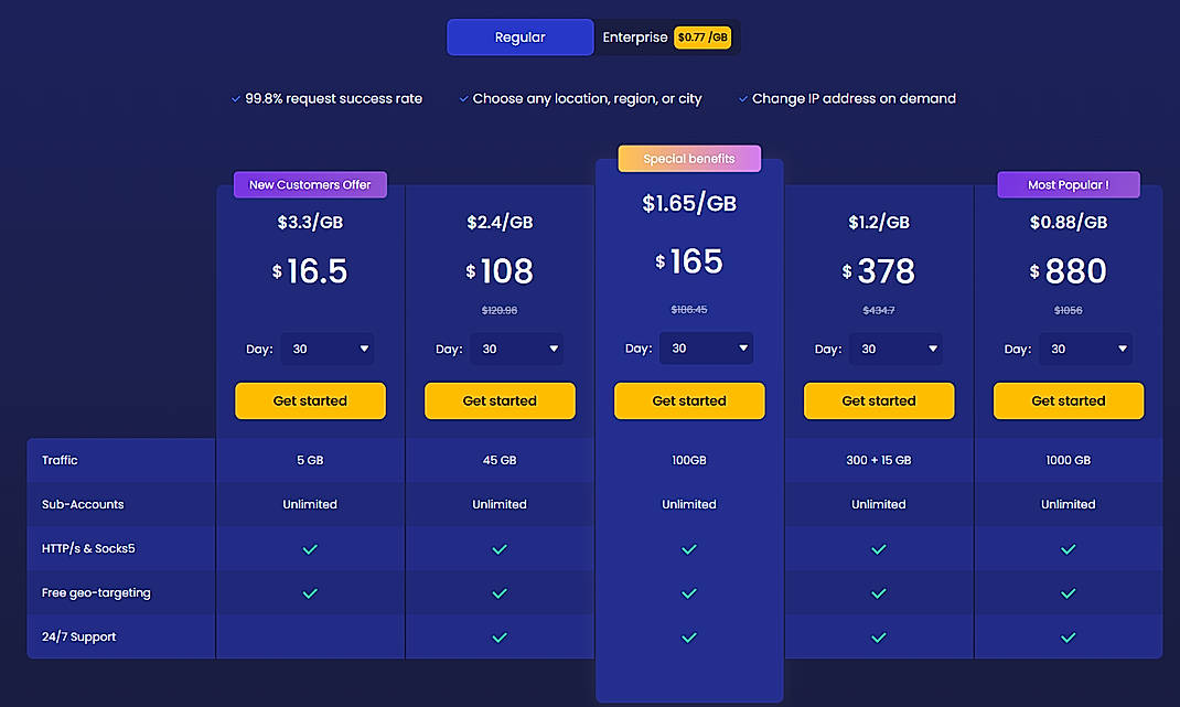 Pricing screenshot