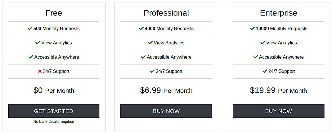 Pricing screenshot