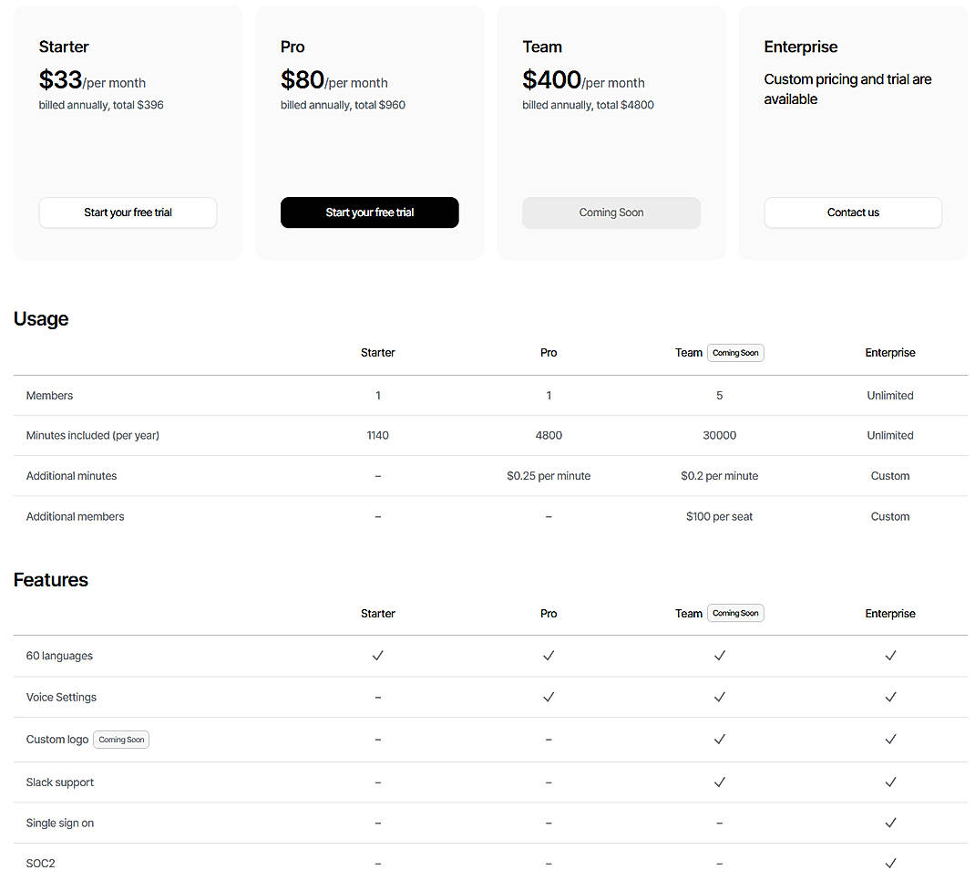Pricing screenshot