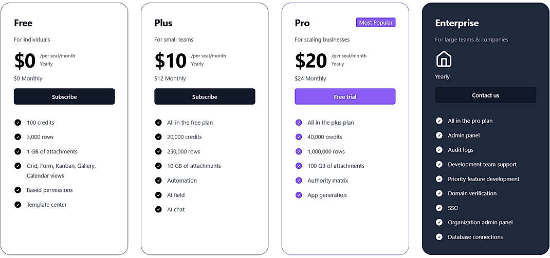 Pricing screenshot