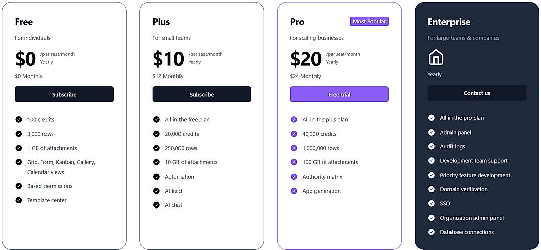 Pricing screenshot