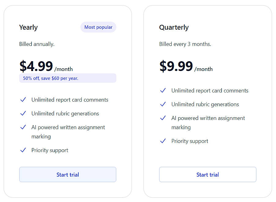 Pricing screenshot