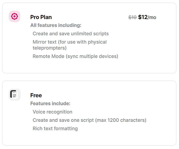 Pricing screenshot