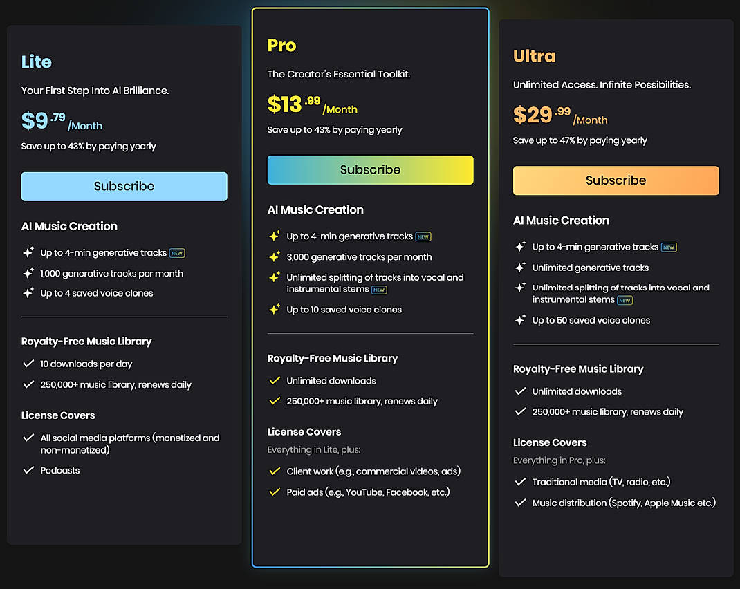 Pricing screenshot