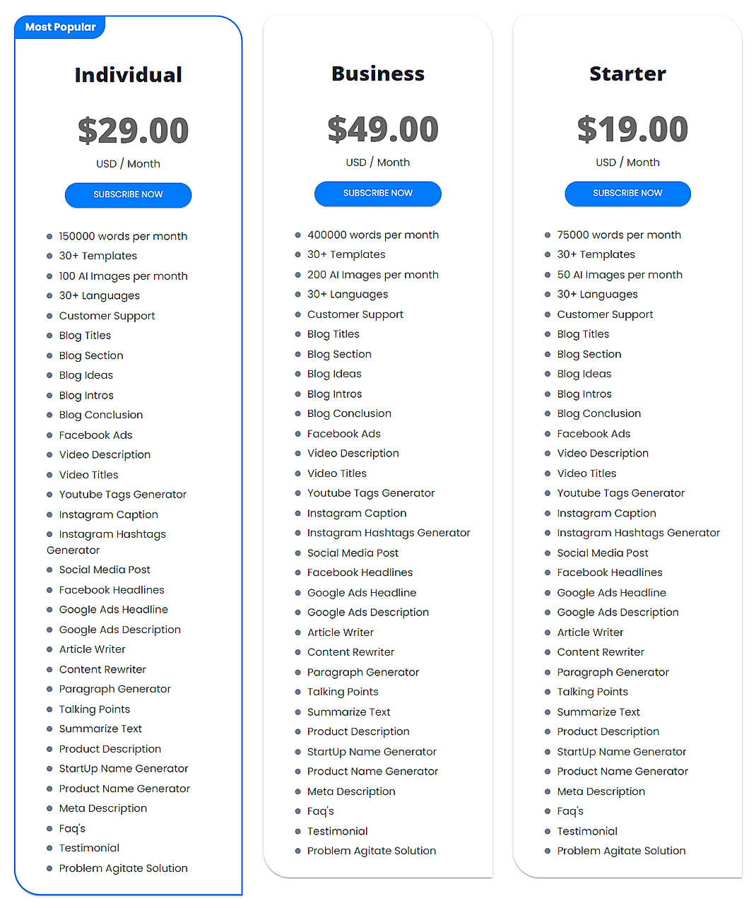 Pricing screenshot